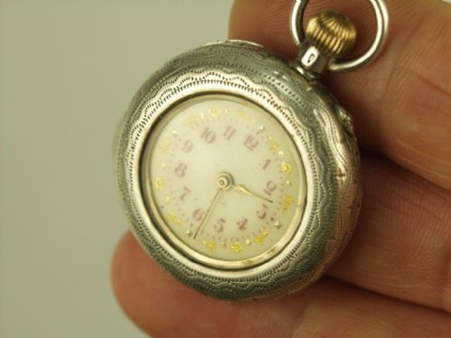 fig 4. BEAUTIFUL ANTIQUE SILVER ENGRAVED LADIES FOB WATCH ENAMEL DIAL C1900
