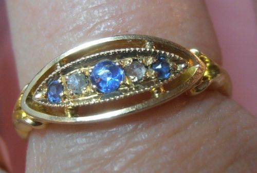 fig 1. PRETTY VICTORIAN 18CT GOLD DIAMOND & CORNFLOWER SAPPHIRE RING HM 1864