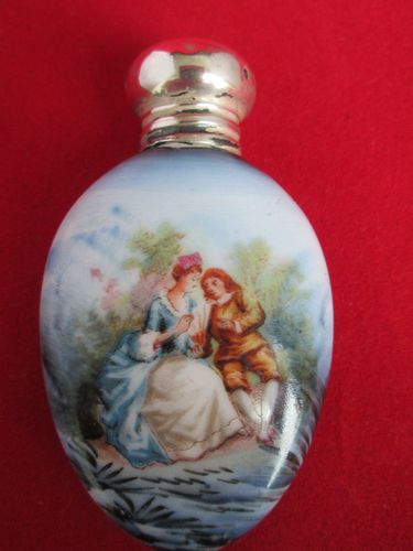 Antique Solid Silver Top Perfum Bottle Hand Painted Porcelain 1903 Birmingham
