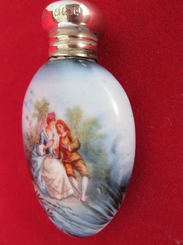 fig 1. ANTIQUE SOLID SILVER TOP PERFUM BOTTLE HAND PAINTED PORCELAIN 1903 BIRMINGHAM