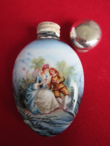 fig 3. ANTIQUE SOLID SILVER TOP PERFUM BOTTLE HAND PAINTED PORCELAIN 1903 BIRMINGHAM