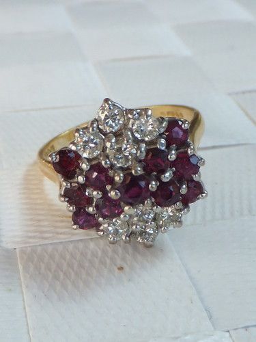 Superb Art Deco Design Heavy Ruby & Diamond 18k Gold Cluster Ring
