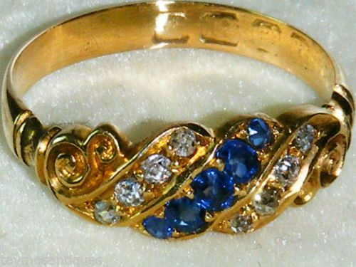 18ct Gold Antique Old Cut Diamond and Sapphire Ring Size M