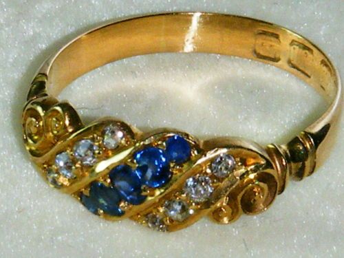 fig 1. 18CT Gold Antique old cut diamond and sapphire ring size m