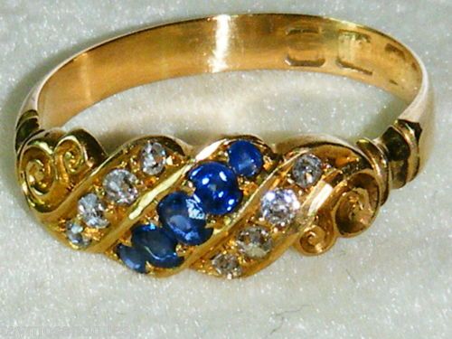 fig 2. 18CT Gold Antique old cut diamond and sapphire ring size m