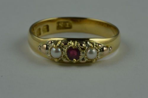 Rare Antique Victorian Hallmarked 18ct Yellow & Rose Gold Ruby & Pearl Ring
