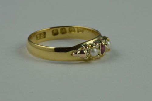 fig 1. Rare Antique Victorian Hallmarked 18ct Yellow & Rose Gold Ruby & Pearl Ring