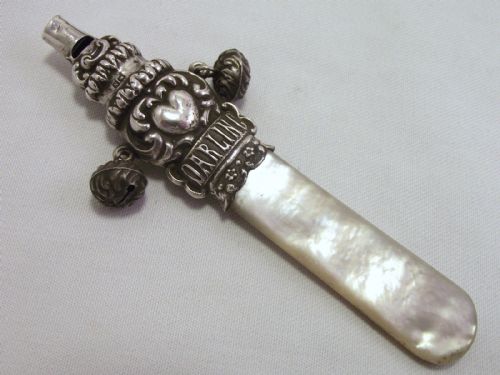 Super Mother of Pearl & Silver Rattle with Whistle and Bells 1917 Adie & Lovekin "Darling"
