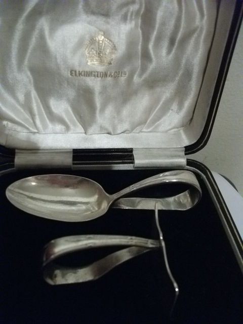 Boxed Elkington & Co Sterling Silver Christening Set Feeder Spoon & Pusher 1926
