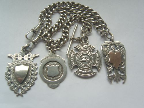 Superb Antique Hallmarked Silver Double Albert Chain with 4 Fobs 82g.