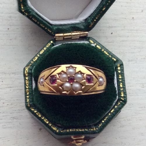 Antique 15ct Gold Band Ring - Seed Pearls and Rubies 1912
