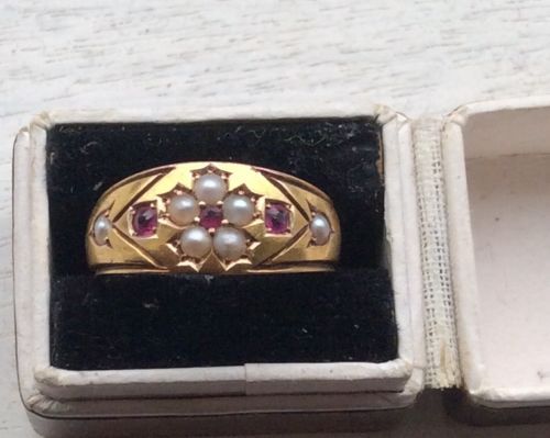 fig 1. Antique 15ct Gold Band Ring - Seed Pearls and Rubies 1912
  