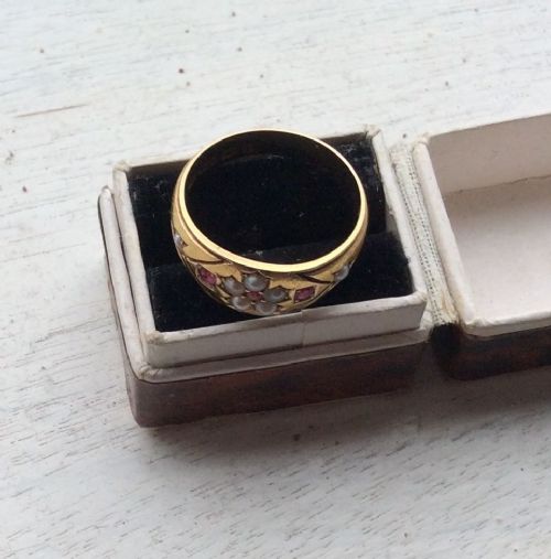 fig 2. Antique 15ct Gold Band Ring - Seed Pearls and Rubies 1912
  