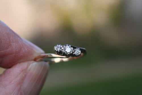 Art Deco 3 Stone Diamond Crossover Ring 18ct Gold.