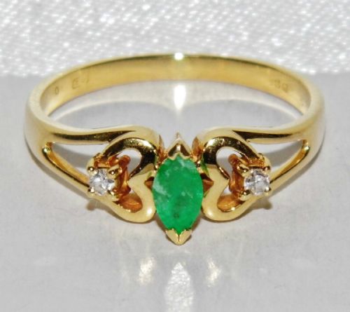 Stunning Art Deco 18 Ct Yellow Gold Emerald & Diamond Three Stone Trilogy Ring - Size P