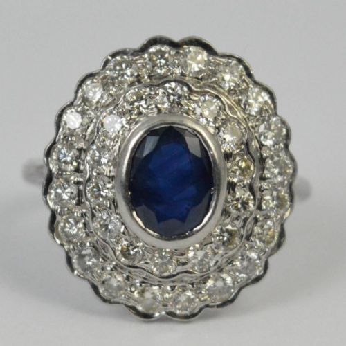 Beautiful Art Deco Large 18ct White Gold Sapphire & 1ct Diamond Cluster Ring