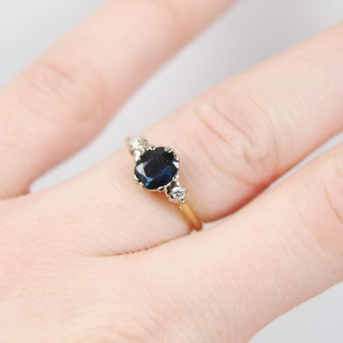 fig 1. A beautiful Art deco solid 18 carat yellow gold sapphire and diamond trilogy ring.
Deco Sapphire & Diamond Ladies 18ct Gold Trilogy Ring