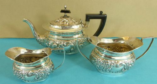Edwardian Sterling Silver 3 Piece Tea Set Chased Swirling Leaves Flowers 1902