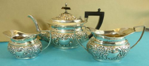 fig 1. Edwardian Sterling Silver 3 Piece Tea Set Chased Swirling Leaves Flowers 1902 