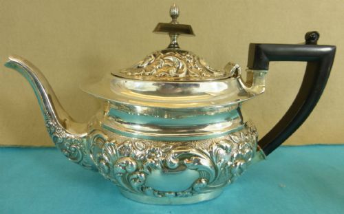 fig 2. Edwardian Sterling Silver 3 Piece Tea Set Chased Swirling Leaves Flowers 1902 