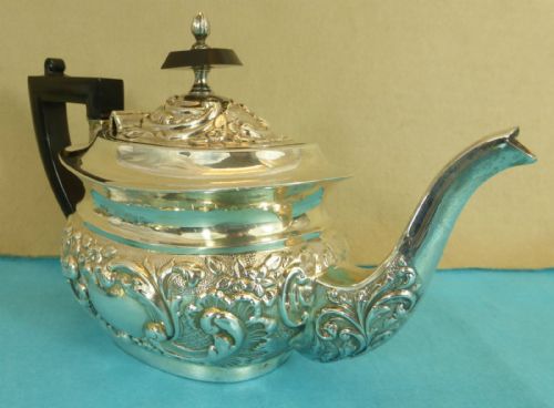 fig 3. Edwardian Sterling Silver 3 Piece Tea Set Chased Swirling Leaves Flowers 1902 