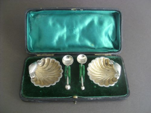 A Pair of Solid Silver Shell Shaped Salts in There Fitted Box Assayed Chester