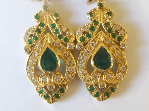 Exceptional Pair of Art Deco 18ct Gold Emerald & Diamond Drop Earrings
