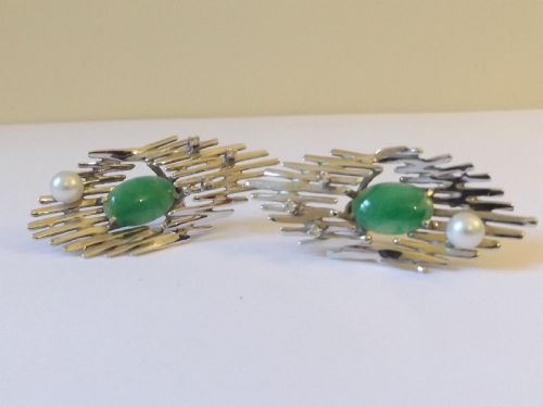 Superb Pair of 18ct White Gold, Jade, Diamond and Cultured Pearl Earrings,