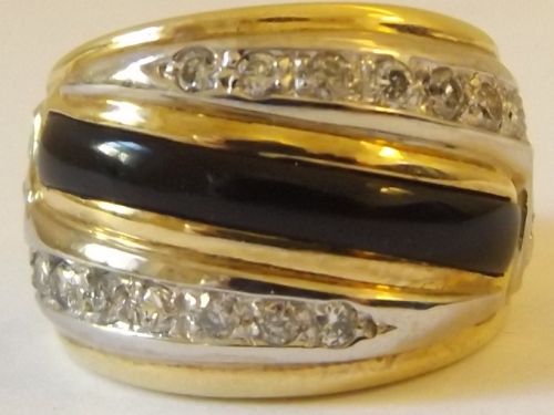 Super Art Deco 14ct Gold Diamond & Black Enamel Ring