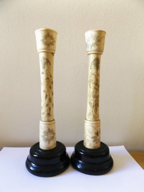 A Pair of Meji Late 19th Century Japanese Ivory Candlesticks, 25cm High