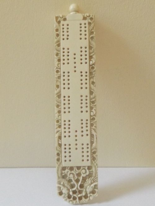 Superb 19th Century Chinese Ivory Cribbage Board Decorated with Dragons