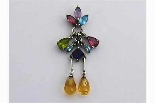 Stunning Art Deco 18ct White Gold Multi Gem Pendant Suffragette.