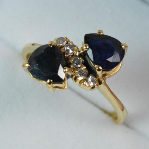 Art Deco Pear Cut Double Sapphire and Diamond Ladies 18ct Gold Cluster Ring