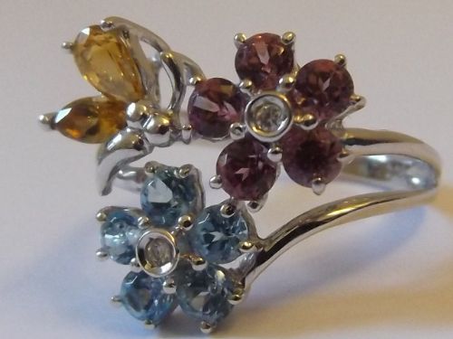 Art Deco 18ct White Gold Diamond, Amethyst, Citrine & Blue Topaz Flower Ring