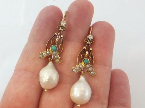Beautiful Victorian Pair of Baroque &Seed Pearl, Turquoise and Diamond Earrings