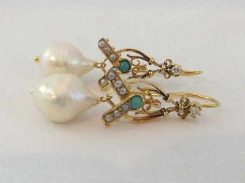 fig 1. Beautiful Victorian Pair Of Baroque &Seed Pearl, Turquoise and Diamond Earrings