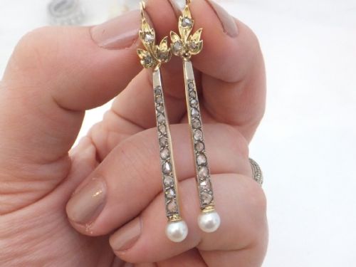 Stunning Large Long 3/4ct Diamond and Pearl 1920s 18ct Gold Drop Earrings