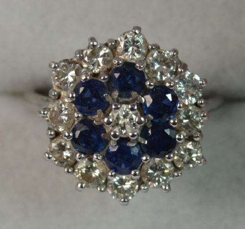 Stunning Victorian 18ct White Gold 1ct Diamond & Sapphire Cluster Ring