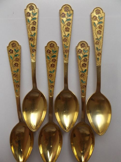 Rare Boxed Set of Six Soviet Russia Silver Gilt and Enamel Teaspoons, Leningrad 875 Standard