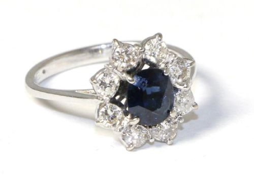 Stunning Art Deco Period 18ct White Gold 1ct Sapphire & 0.65ct Diamond Ring
