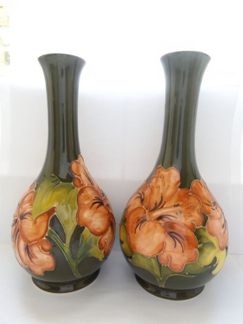 Super Pair of Large Moorcroft Coral Hibiscus Vases