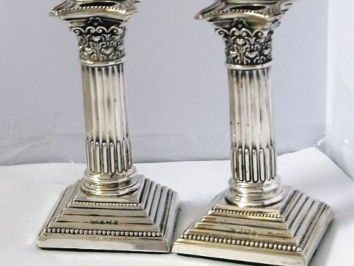 Lovely Pair of Edwardian Silver Column Candlesticks