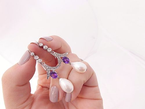 Superb Pair of Art Deco 18ct White Gold 0.8ct Diamond Amethyst & Cultured Pearl Earrings