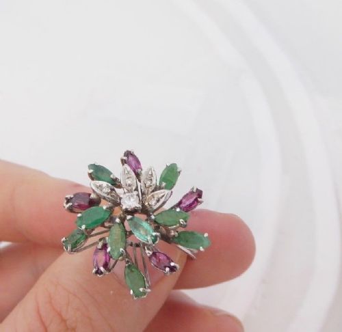 Art Deco18ct Gold Diamond, Ruby & Emerald Large Cluster Ring