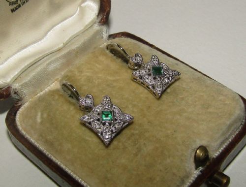 Beautiful Pair of 18ct White Gold Art Deco French Emerald & Diamond Dormeuses Earrings