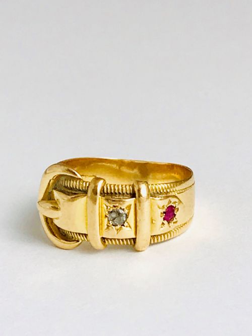 Antique Victorian 1897 18ct Buckle Ring  with a Diamond and Ruby. Size L
