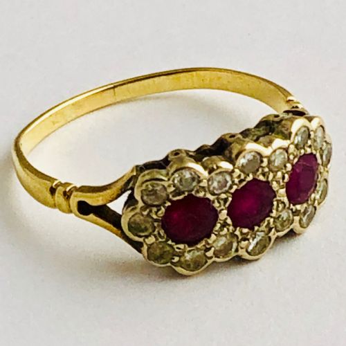 Super 18ct Gold Triple Cluster Ruby & Diamond Ring