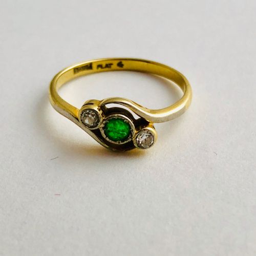 Charming, Victorian, 18 Ct Gold and Platinum Ring with Emerald and Diamonds