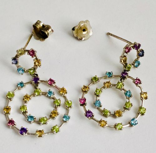 Lovely Multi Gem 18ct White Gold Cluster Earrings