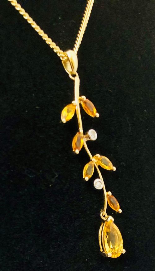 Beautiful 9 Carat Gold Citrine and Diamond Pendant on Chain